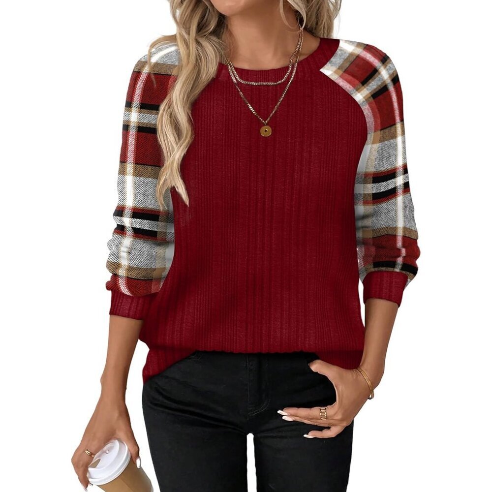 Women's Red Plaid Stripes Color Block Long Sleeve Shirt Lightweight Sweater - Picture 2 of 5